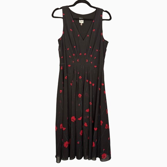 Anne Klein Black Floral Midi Dress Size 12 Sleeveless V Neck Fit Flare - Picture 1 of 5